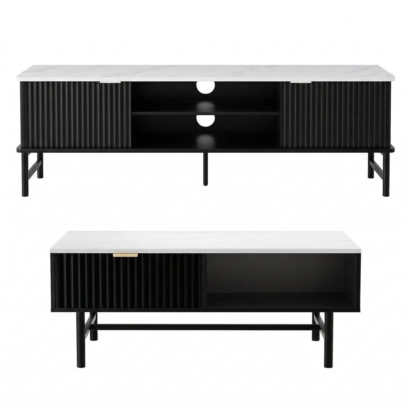 TV Unit and Coffee Table Set – Black Storage Shelf, Modern Design