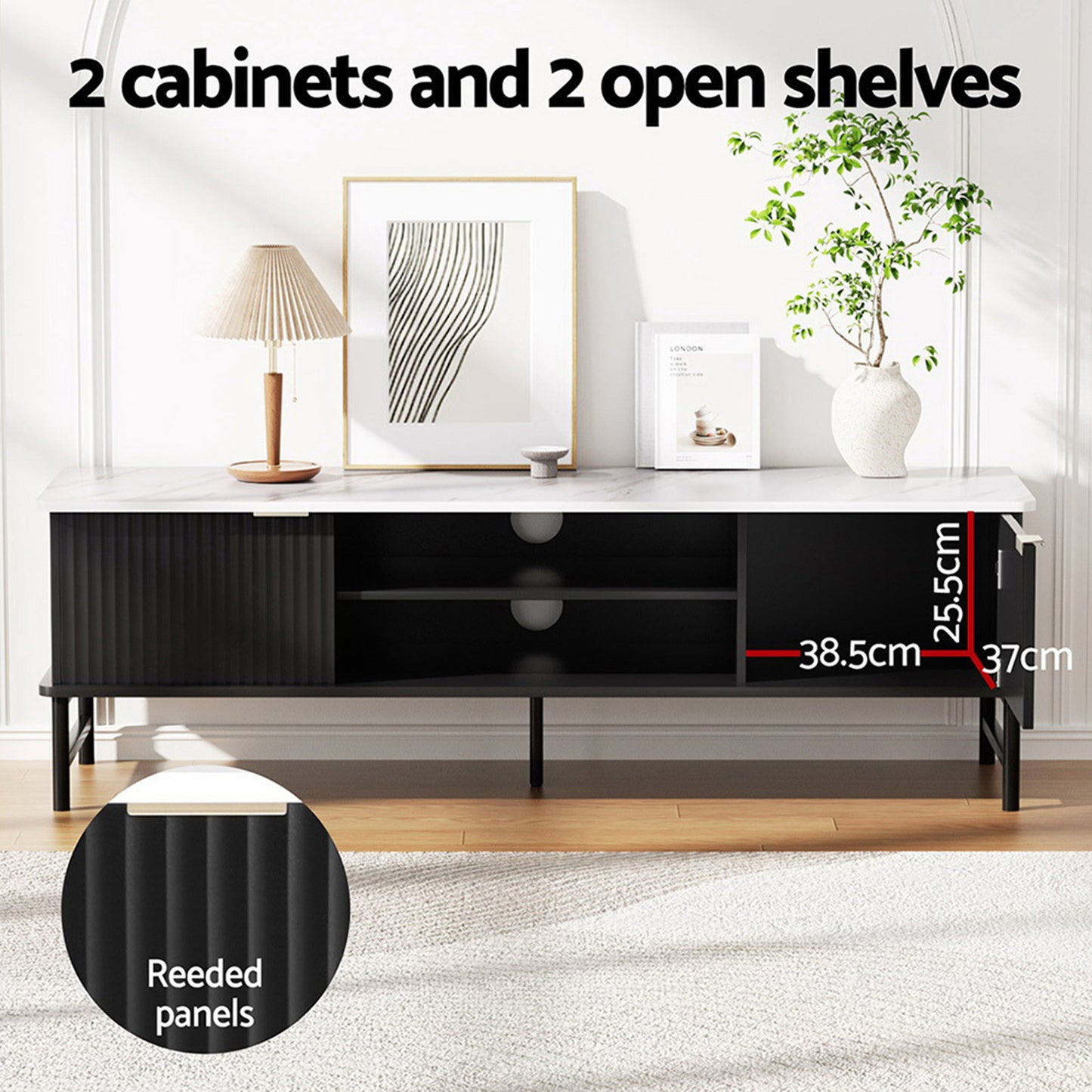 TV Unit and Coffee Table Set – Black Storage Shelf, Modern Design