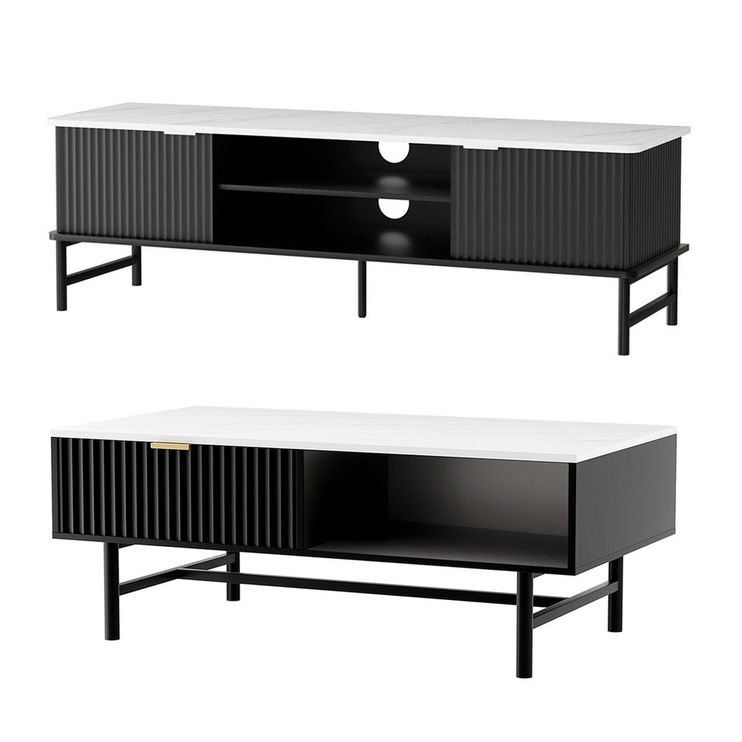 TV Unit and Coffee Table Set – Black Storage Shelf, Modern Design