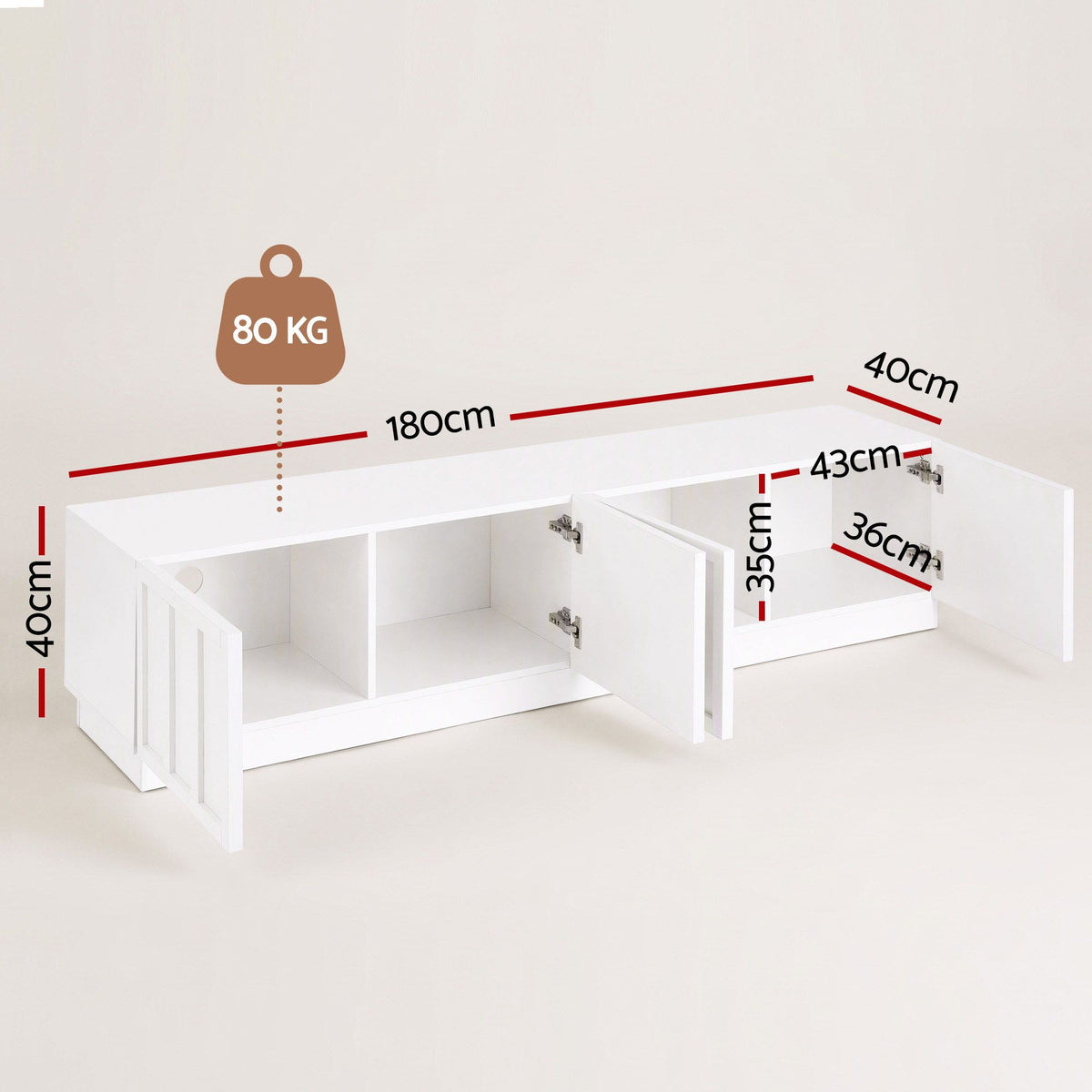 TWSC 180cm TV Unit Entertainment Cabinet Fluted Style Cable Management White
