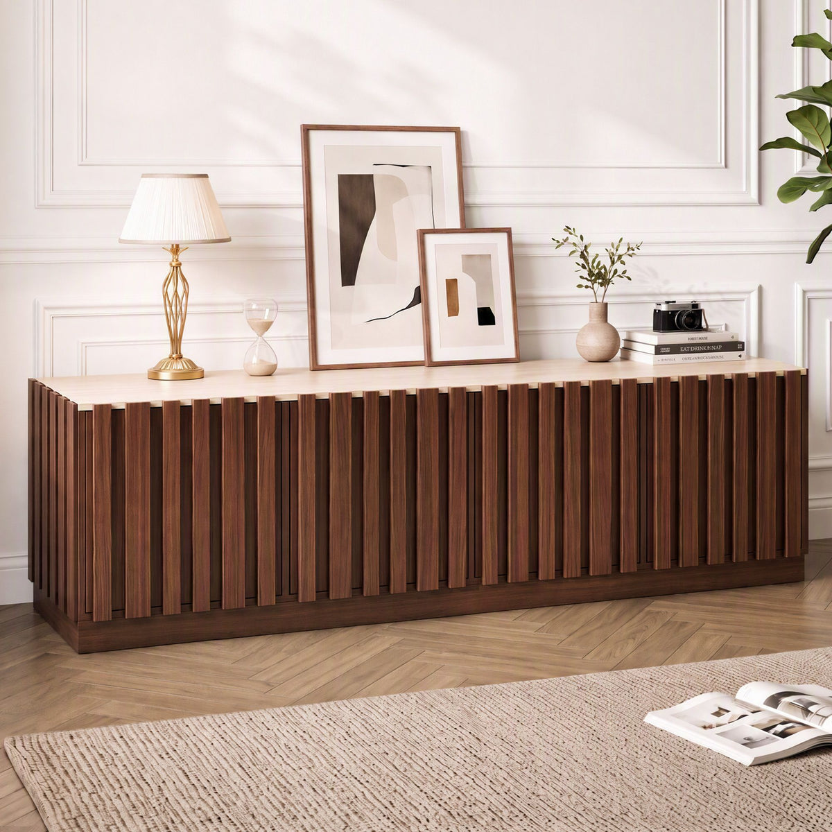 TWSC 180cm TV Unit Entertainment Cabinet Fluted Style Anti-tip Kit Walnut