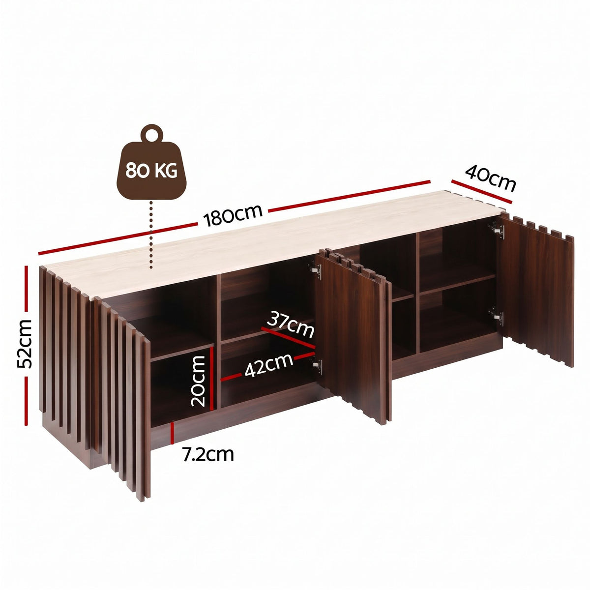 TWSC 180cm TV Unit Entertainment Cabinet Fluted Style Anti-tip Kit Walnut