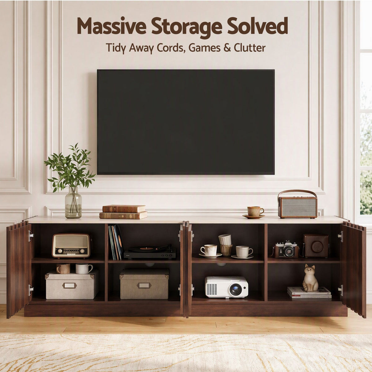 TWSC 180cm TV Unit Entertainment Cabinet Fluted Style Anti-tip Kit Walnut