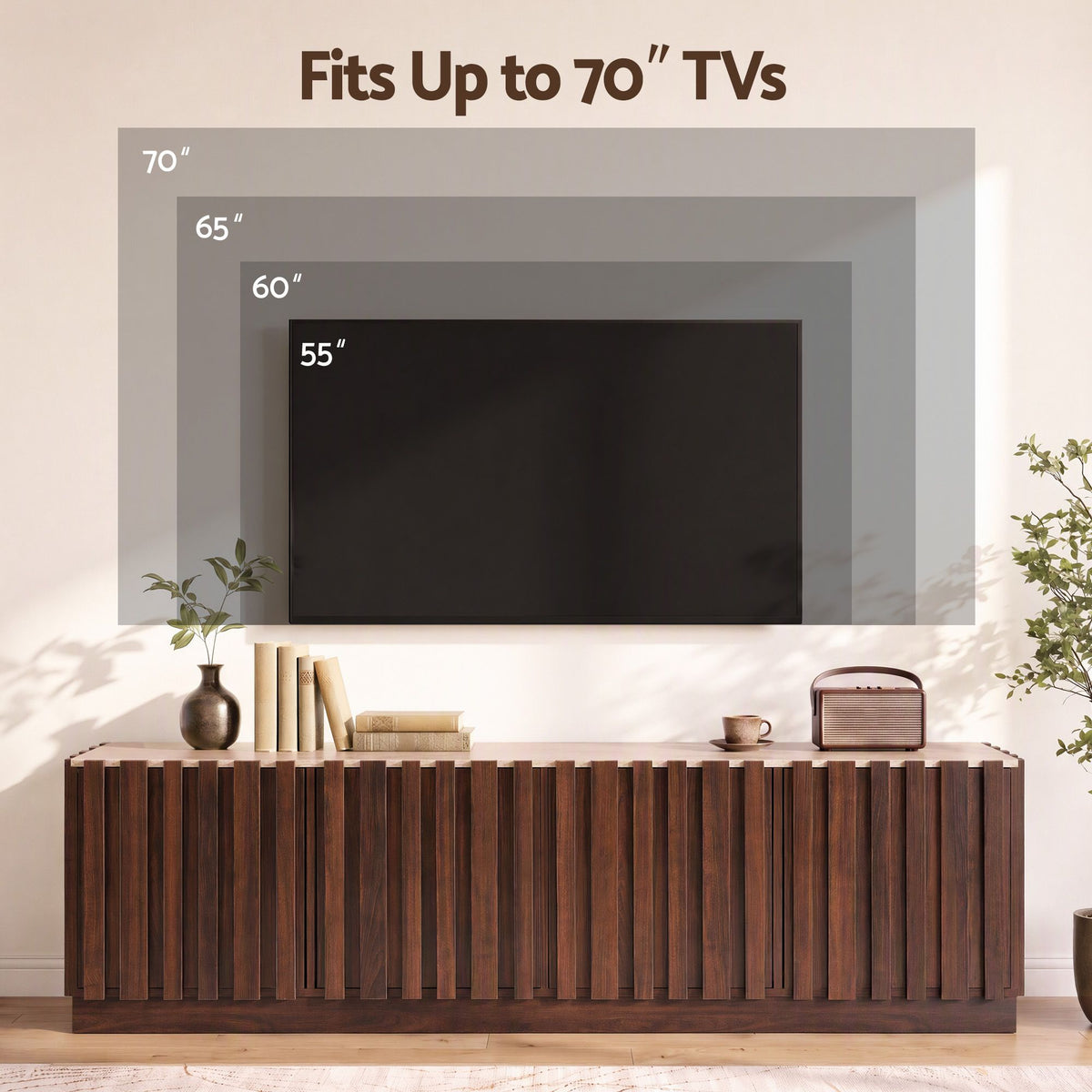 TWSC 180cm TV Unit Entertainment Cabinet Fluted Style Anti-tip Kit Walnut