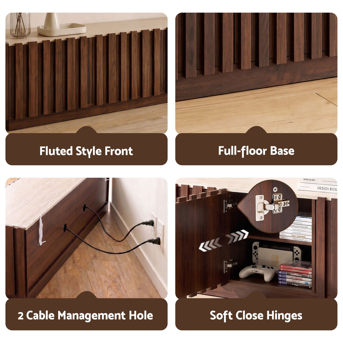 TWSC 180cm TV Unit Entertainment Cabinet Fluted Style Anti-tip Kit Walnut