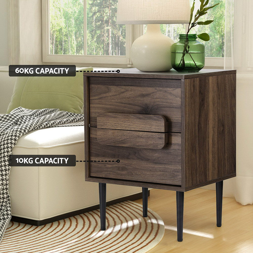 Bedside Table – 2 Drawers, Walnut Finish