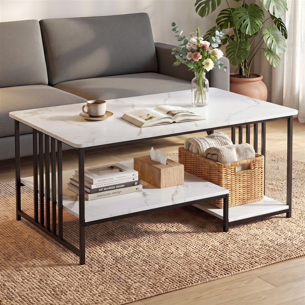 TWSC Coffee Table 100cm Faux Marble Finish Center Table 2-Tier Storage White&Black