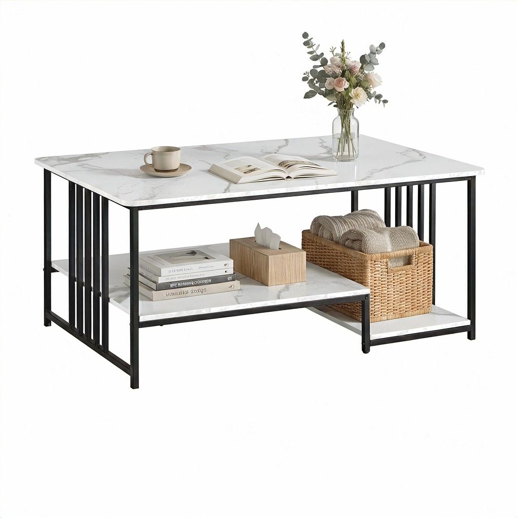 TWSC Coffee Table 100cm Faux Marble Finish Center Table 2-Tier Storage White&Black