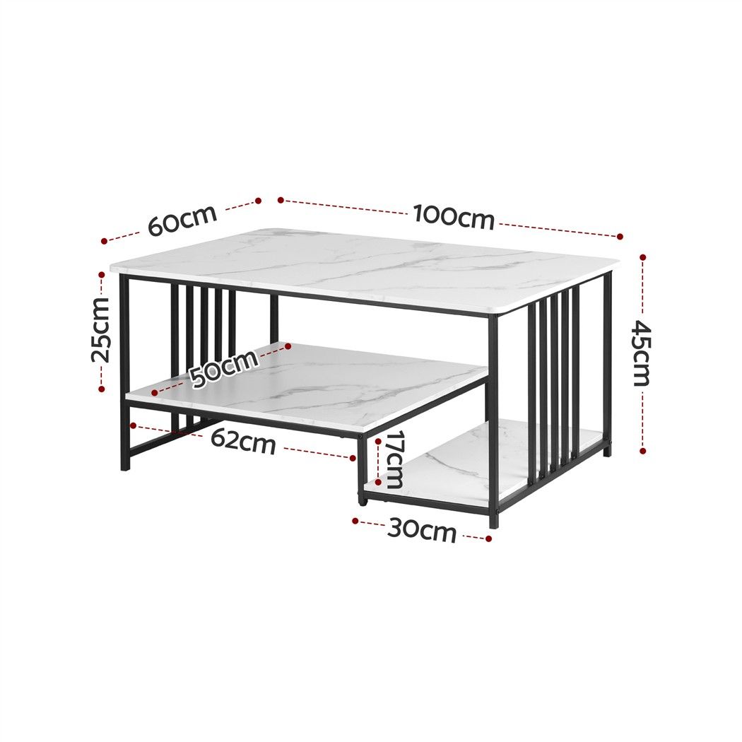 TWSC Coffee Table 100cm Faux Marble Finish Center Table 2-Tier Storage White&Black