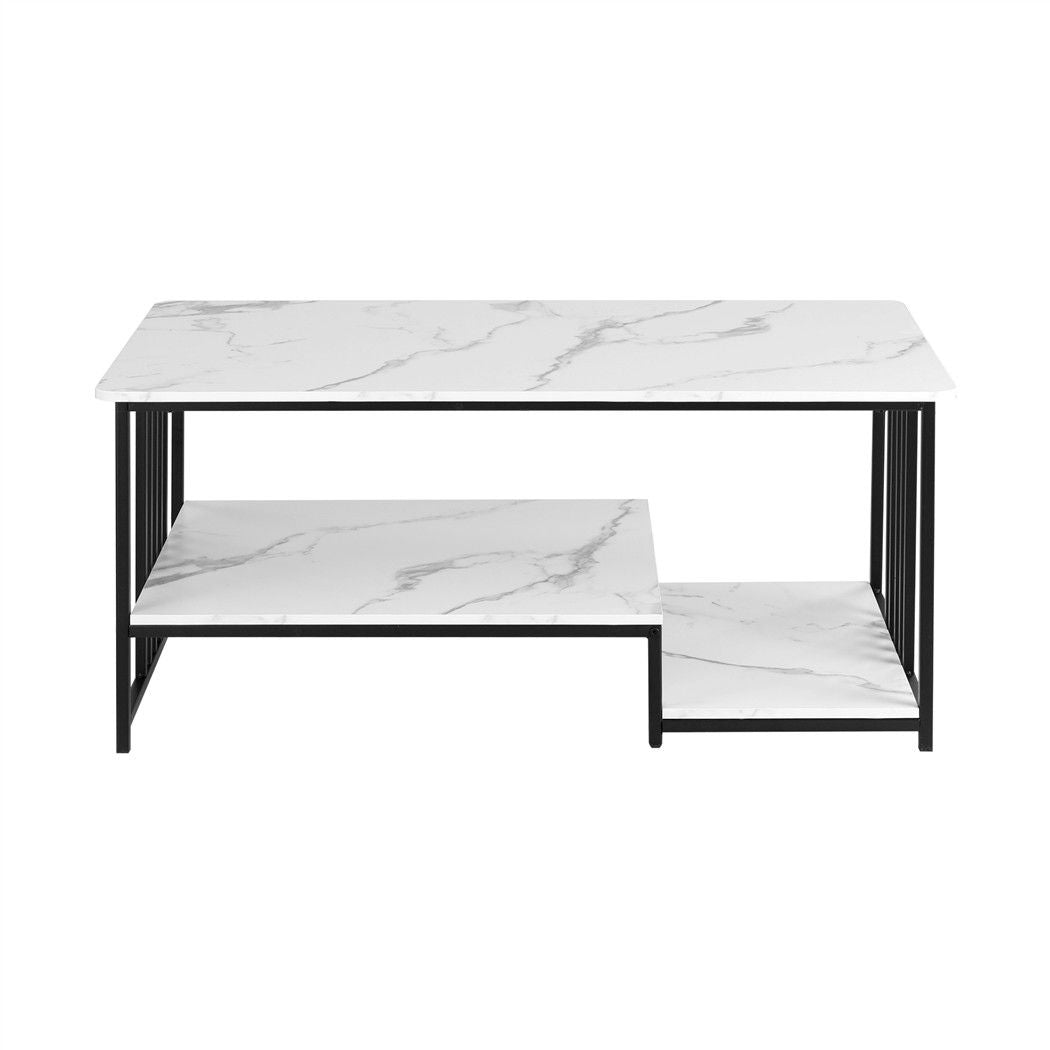 TWSC Coffee Table 100cm Faux Marble Finish Center Table 2-Tier Storage White&Black