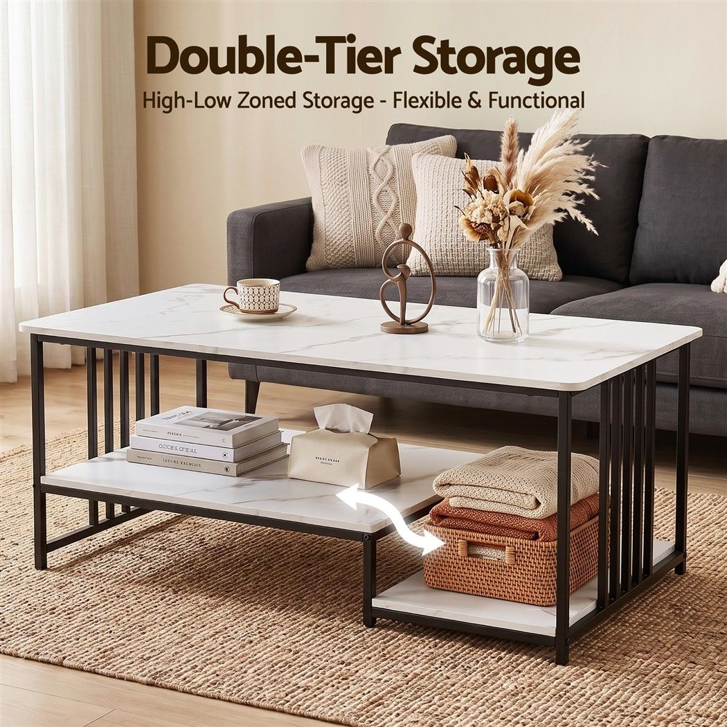 TWSC Coffee Table 100cm Faux Marble Finish Center Table 2-Tier Storage White&Black