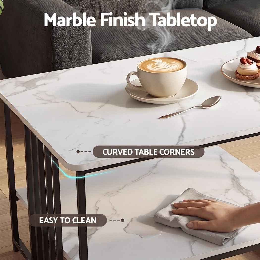 TWSC Coffee Table 100cm Faux Marble Finish Center Table 2-Tier Storage White&Black