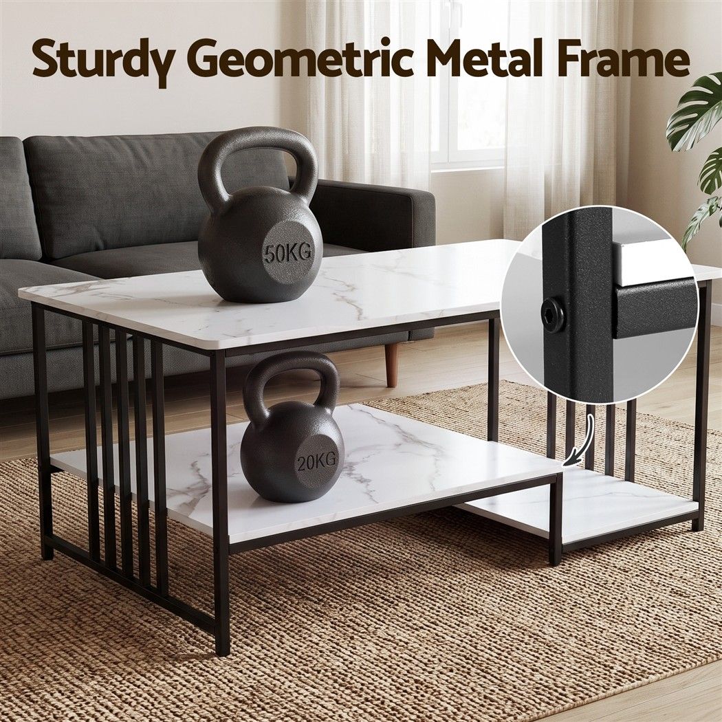 TWSC Coffee Table 100cm Faux Marble Finish Center Table 2-Tier Storage White&Black
