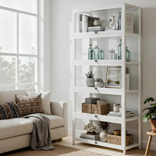 TWSC 5-Tier Display Cabinet Storage Bookshelf Clear Shelf White