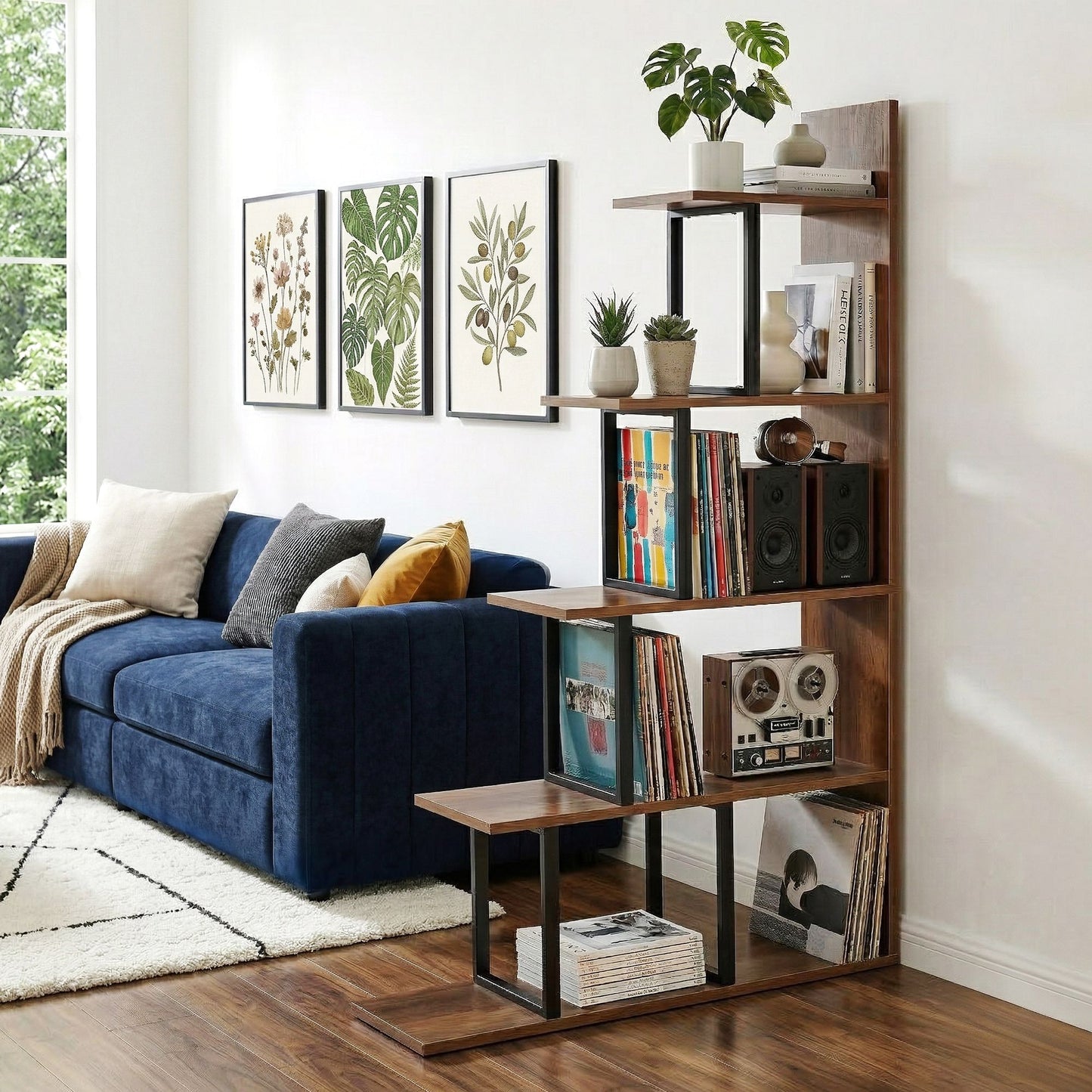 TWSC 5 Tiers Bookshelf Ladder Corner Shelf Bookcase Walnut