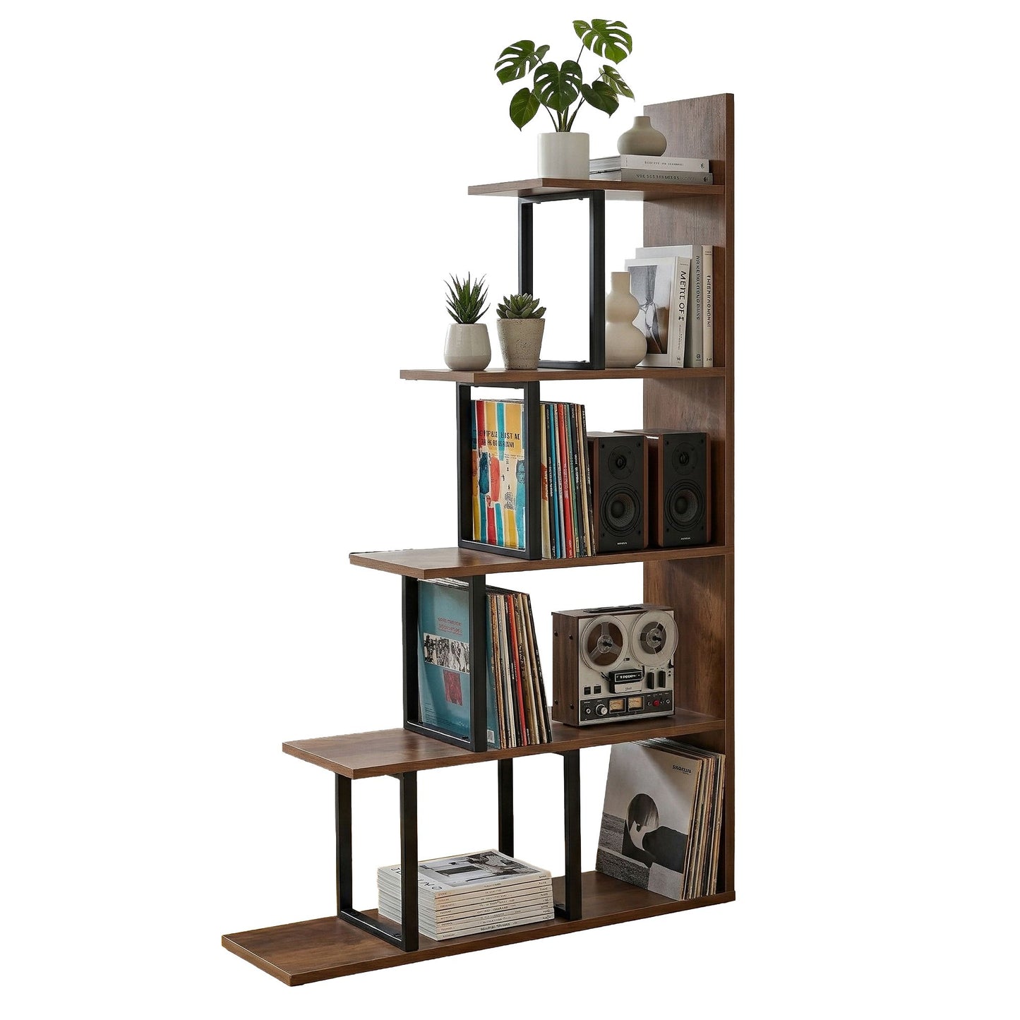 TWSC 5 Tiers Bookshelf Ladder Corner Shelf Bookcase Walnut