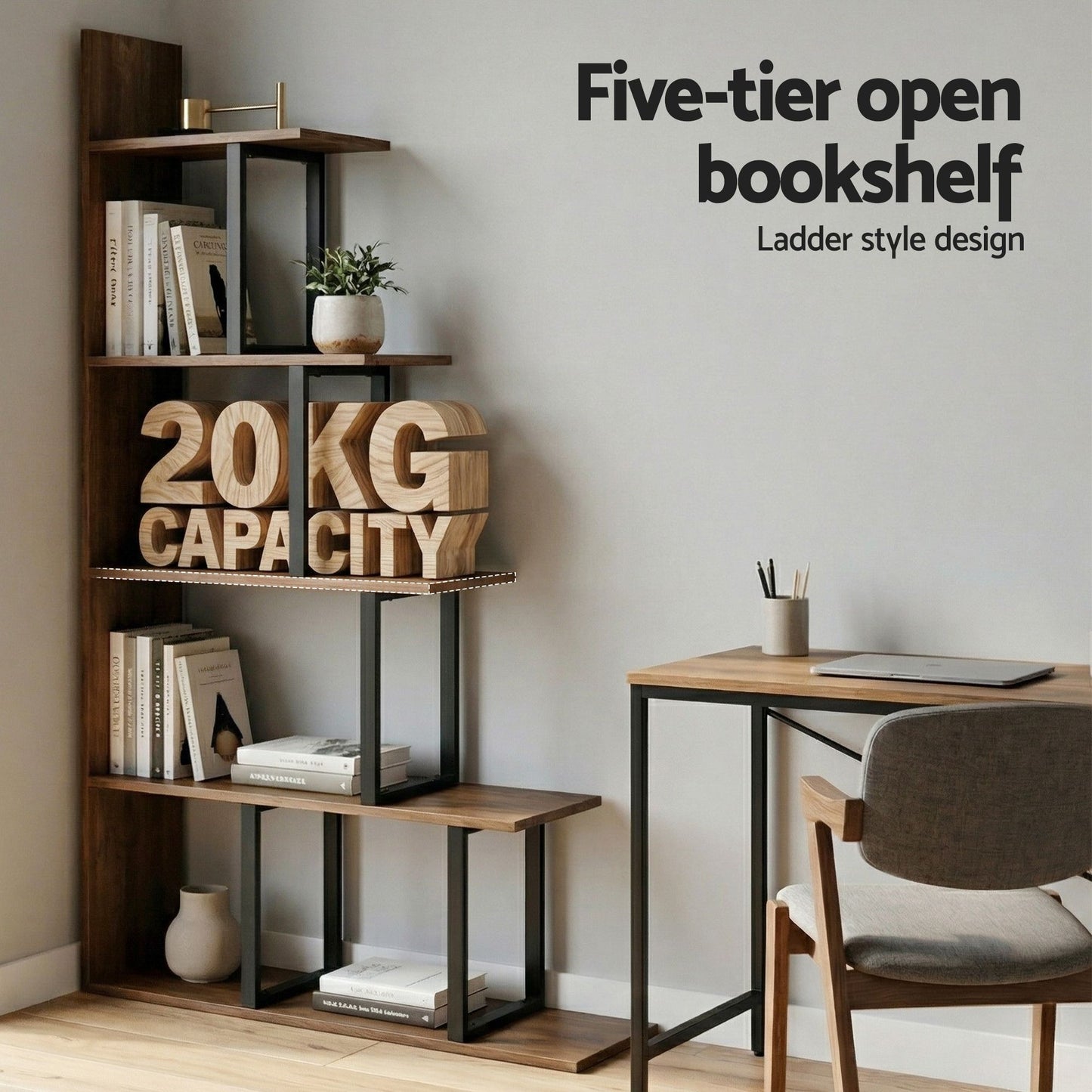 TWSC 5 Tiers Bookshelf Ladder Corner Shelf Bookcase Walnut