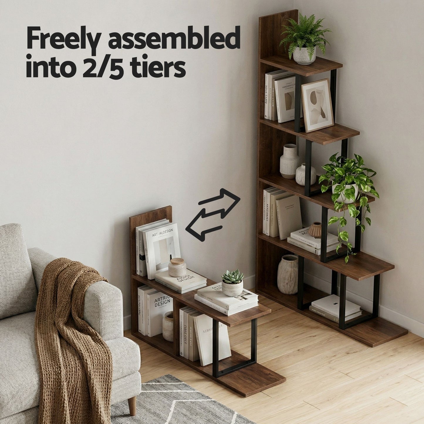 TWSC 5 Tiers Bookshelf Ladder Corner Shelf Bookcase Walnut