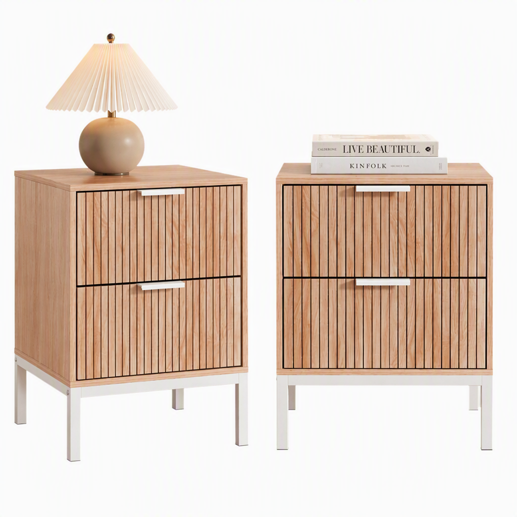 Artiss 2X Bedside Table 2 Drawers Storage Nightstand Cabinet Metal Legs Pine