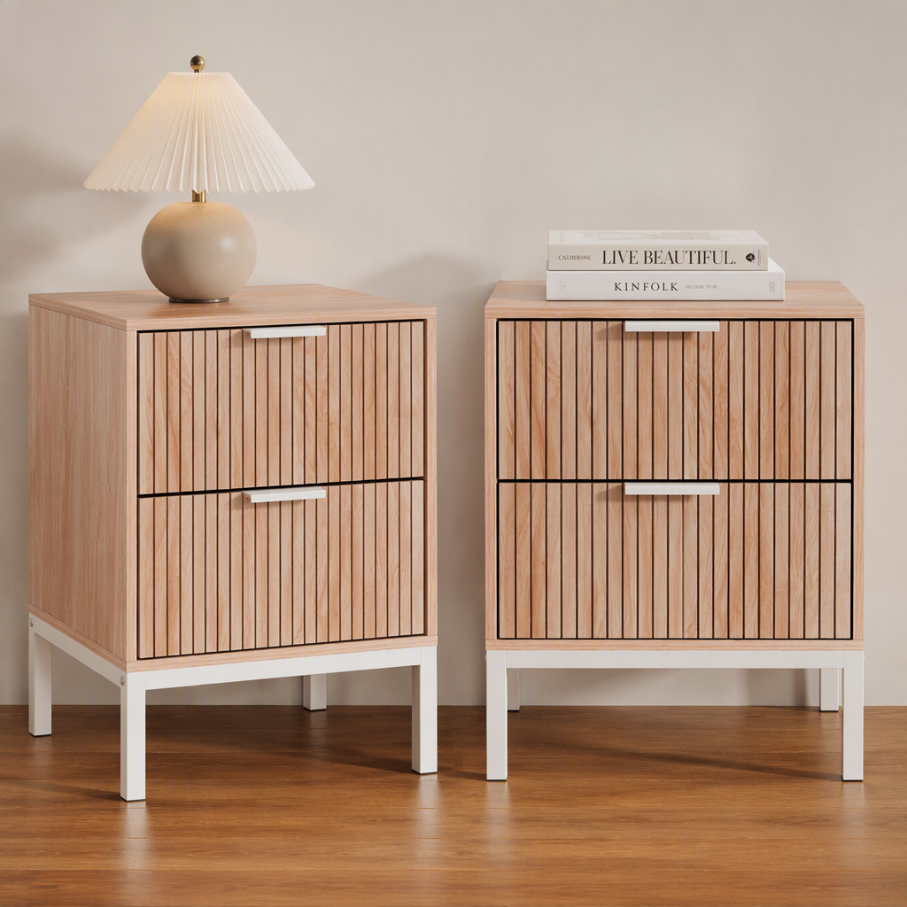 Artiss 2X Bedside Table 2 Drawers Storage Nightstand Cabinet Metal Legs Pine