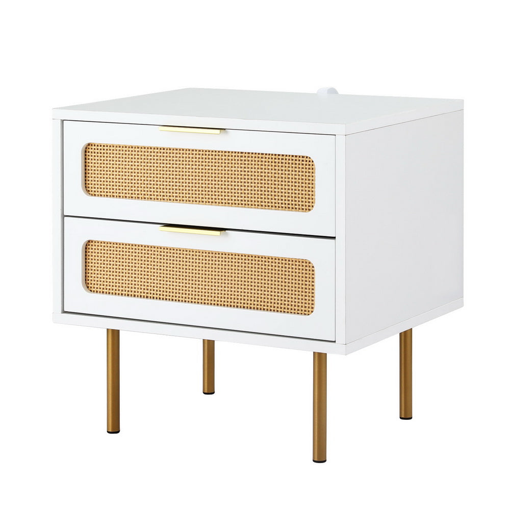 Rattan Bedside Table with 2 Drawers – Pine Finish