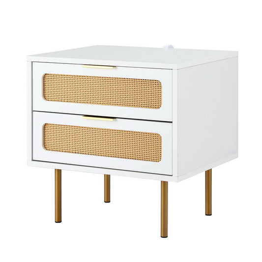 Rattan Bedside Table with 2 Drawers – Pine Finish