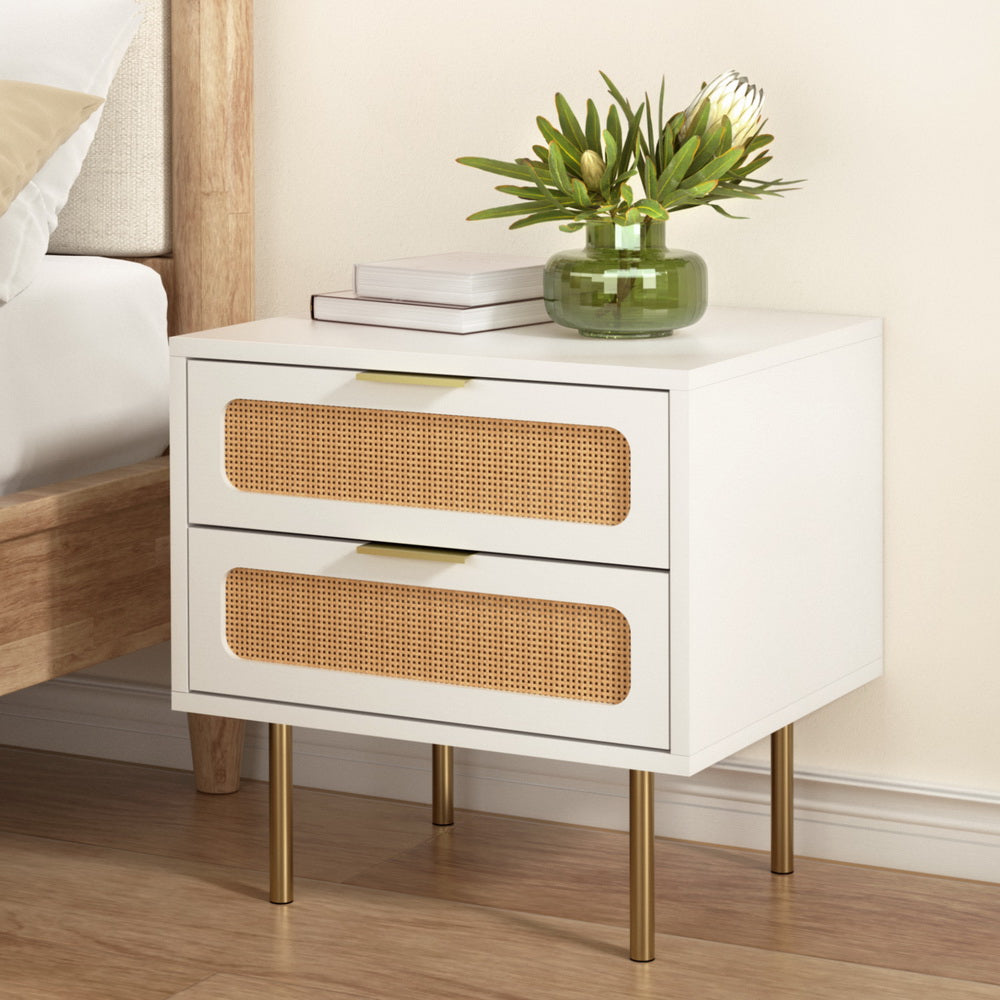 Rattan Bedside Table with 2 Drawers – Pine Finish