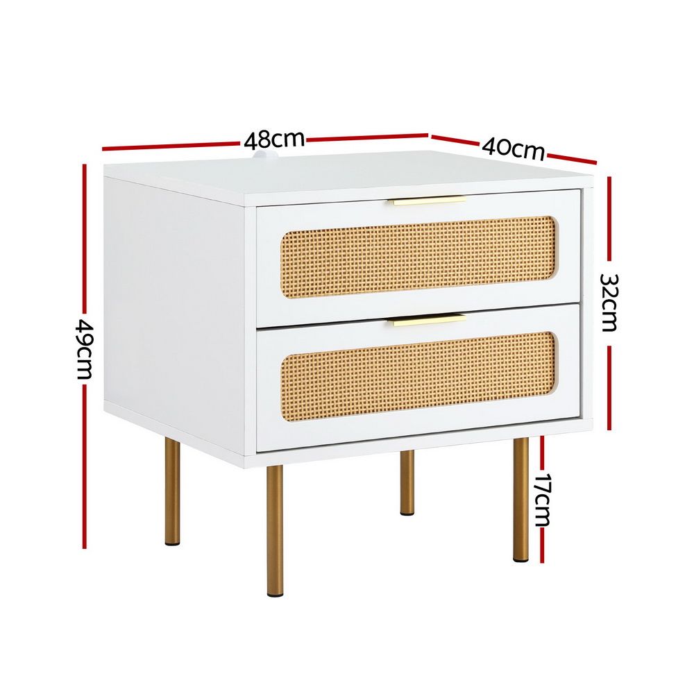Artiss 2x Rattan Bedside Table 2 Drawers White
