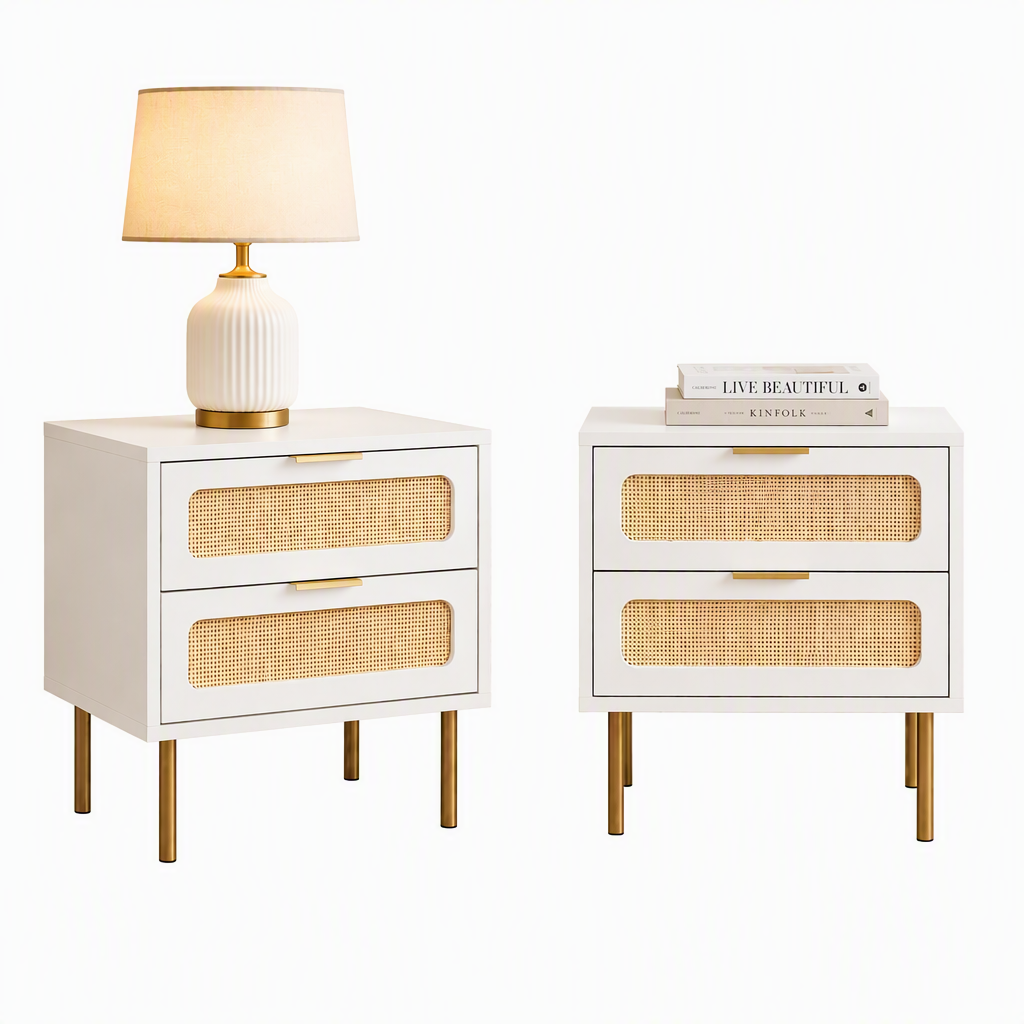 White rattan bedside table with drawers featuring elegant design and natural textures for modern Australian living.