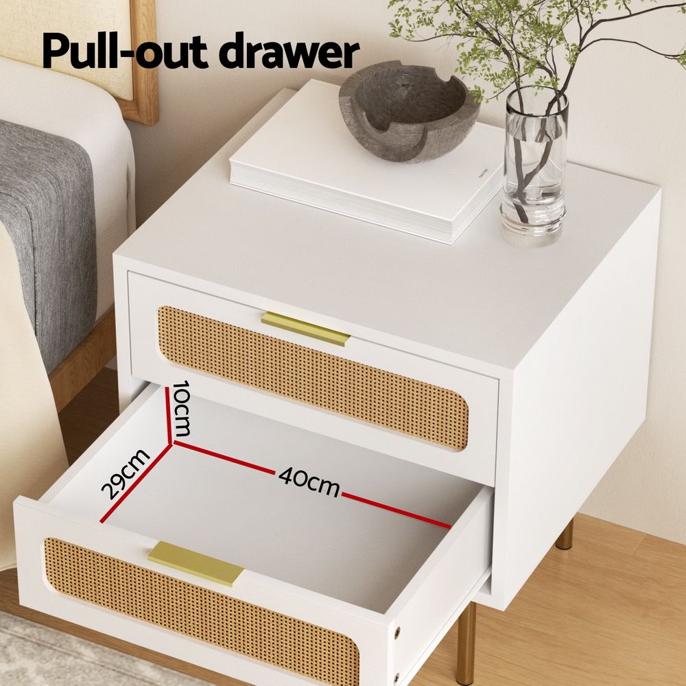 Artiss 2x Rattan Bedside Table 2 Drawers White