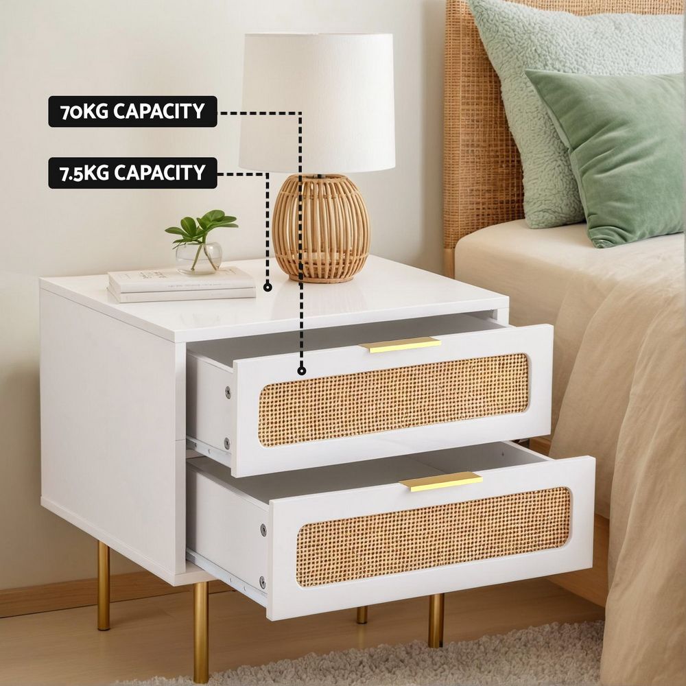 Artiss 2x Rattan Bedside Table 2 Drawers White