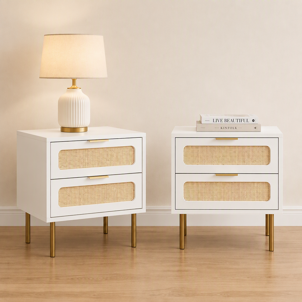 Artiss 2x Rattan Bedside Table 2 Drawers White