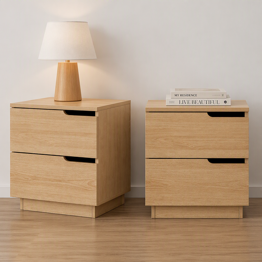Pine bedside table with drawers in warm tones, featuring air gap handles and a soft glow lamp, ideal for curated living spaces.