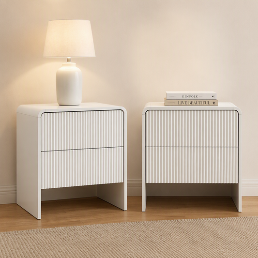 Beige bedside table with drawers showcasing elegant ribbed texture and soft lighting, perfect for modern Australian homes.