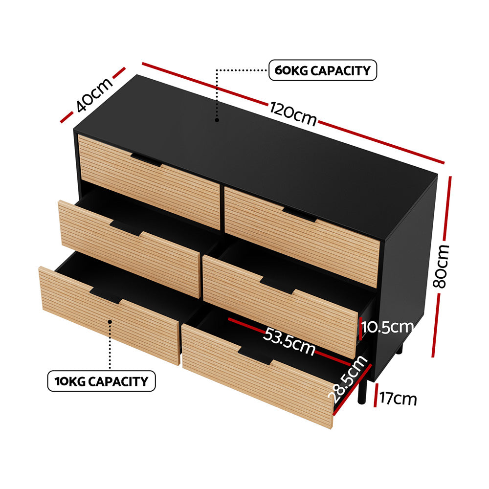 Chest of Drawers Dresser – Six Drawers, Black & Pine Finish