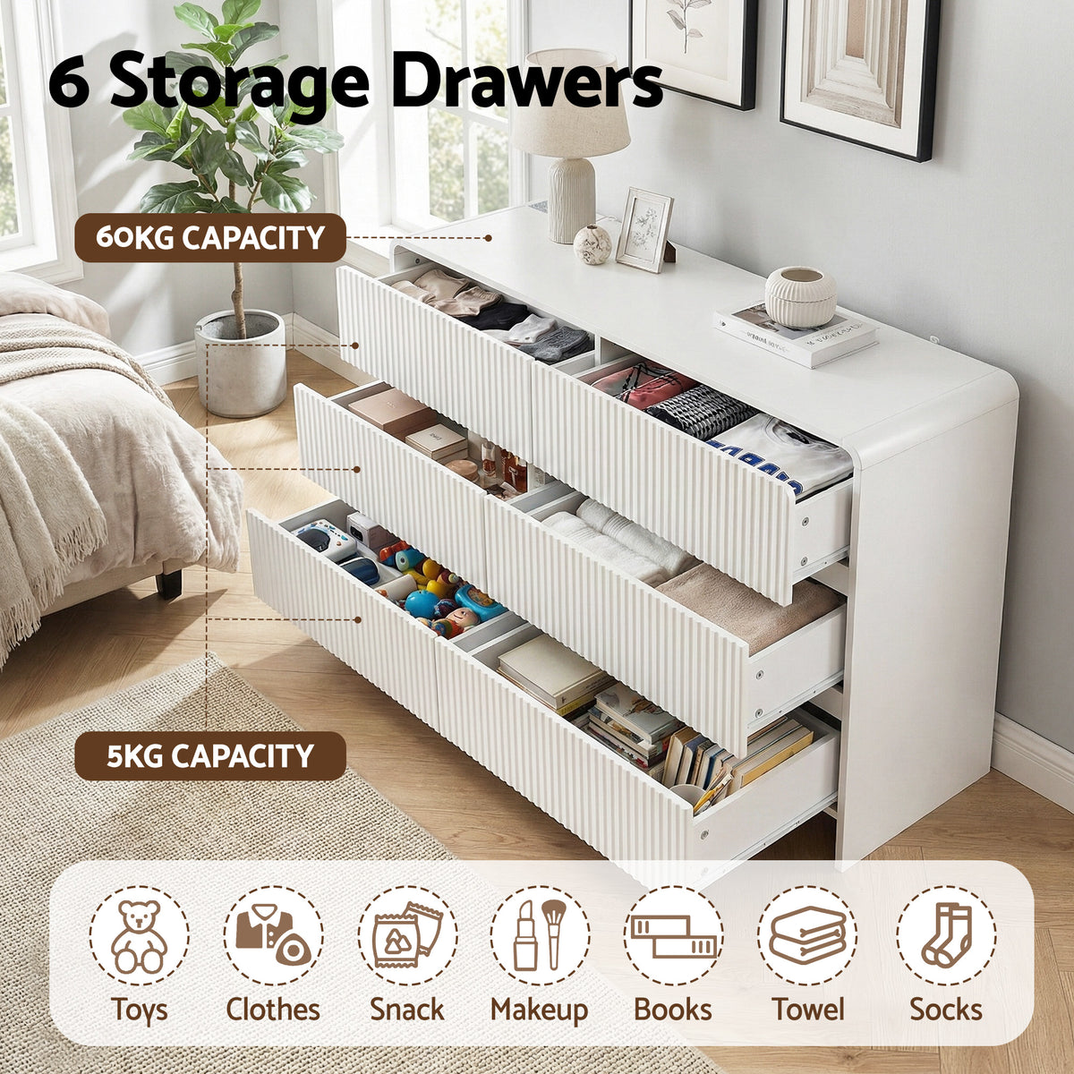 TWSC 6 Chest of Drawers Dresser Cabinet Beige