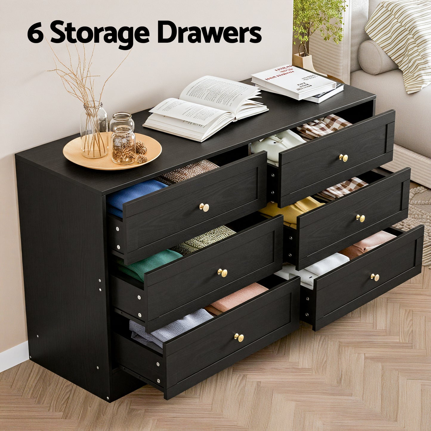 Chest of Drawers – 6 Spacious Drawers, Black Finish
