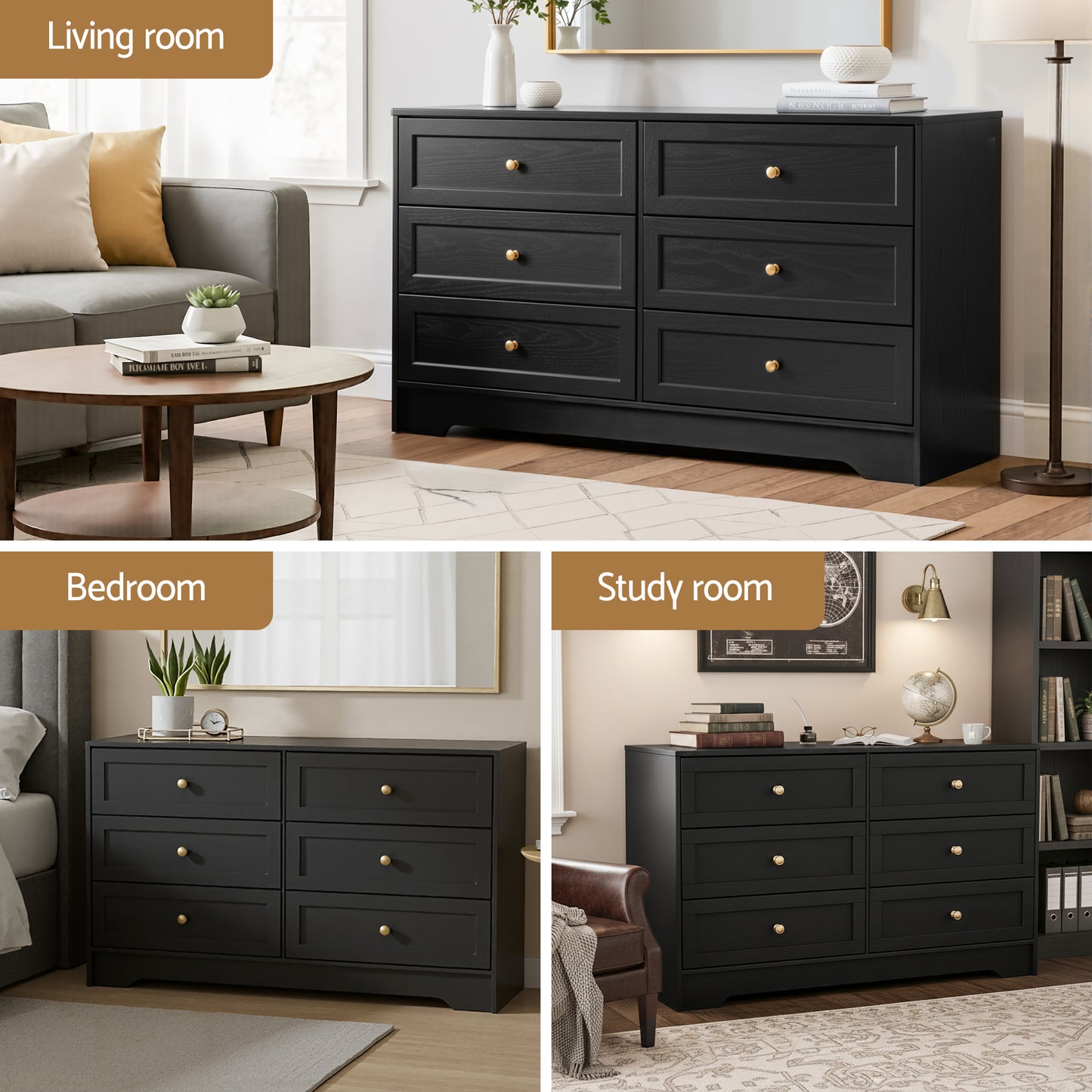 Chest of Drawers – 6 Spacious Drawers, Black Finish