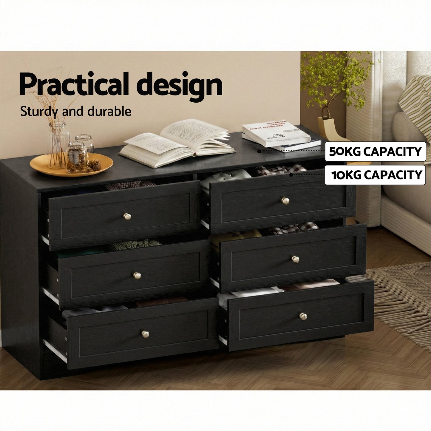 Chest of Drawers – 6 Spacious Drawers, Black Finish