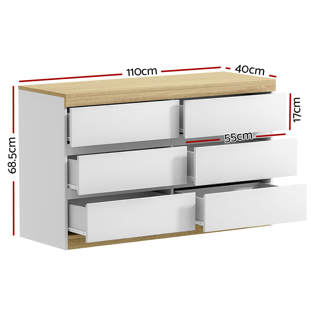 Chest of Drawers - 6 Spacious Drawers, White and Oak Finish