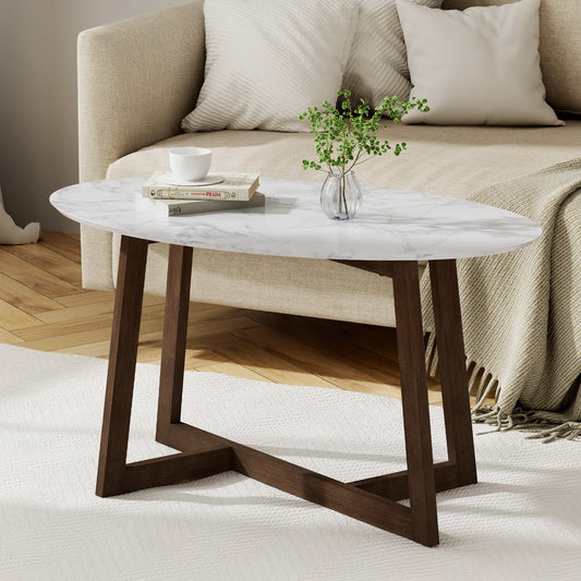 Coffee Table – Oval Marble Effect, Rubber Wood Legs