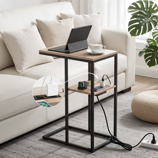 TWSC C-Shaped End Table Charging Station 2-Tier Side Coffee Table Bedside Wood
