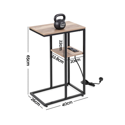 TWSC C-Shaped End Table Charging Station 2-Tier Side Coffee Table Bedside Wood