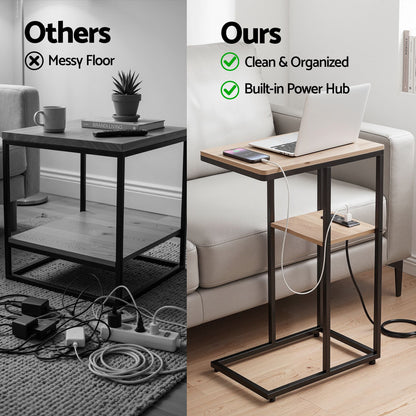 TWSC C-Shaped End Table Charging Station 2-Tier Side Coffee Table Bedside Wood