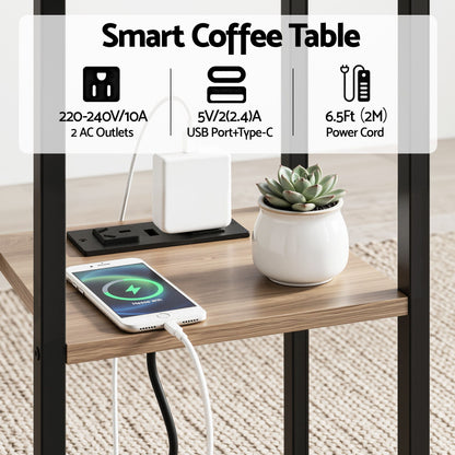 TWSC C-Shaped End Table Charging Station 2-Tier Side Coffee Table Bedside Wood