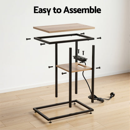 TWSC C-Shaped End Table Charging Station 2-Tier Side Coffee Table Bedside Wood
