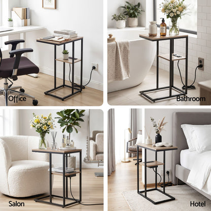 TWSC C-Shaped End Table Charging Station 2-Tier Side Coffee Table Bedside Wood