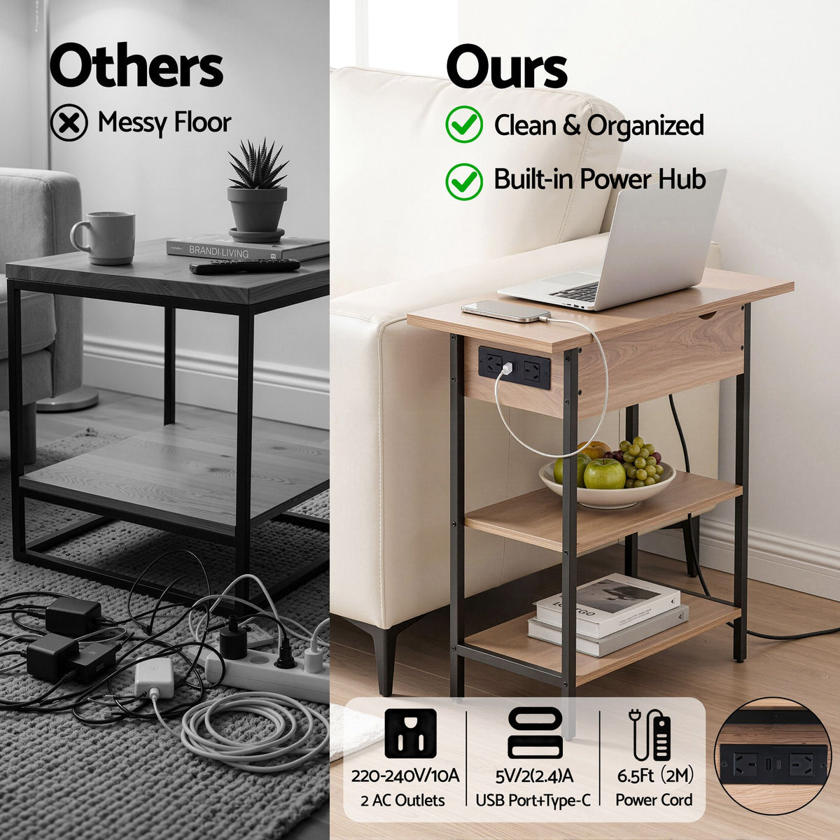 Artiss Coffee Table Set Of 2 Side Bedside End Table Charging Station Flip-Top Storage 60cm Wood