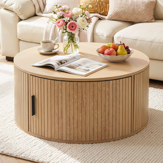TWSC Round Coffee Table Storage Fluted Center Table Living Room Office 80cm Wood