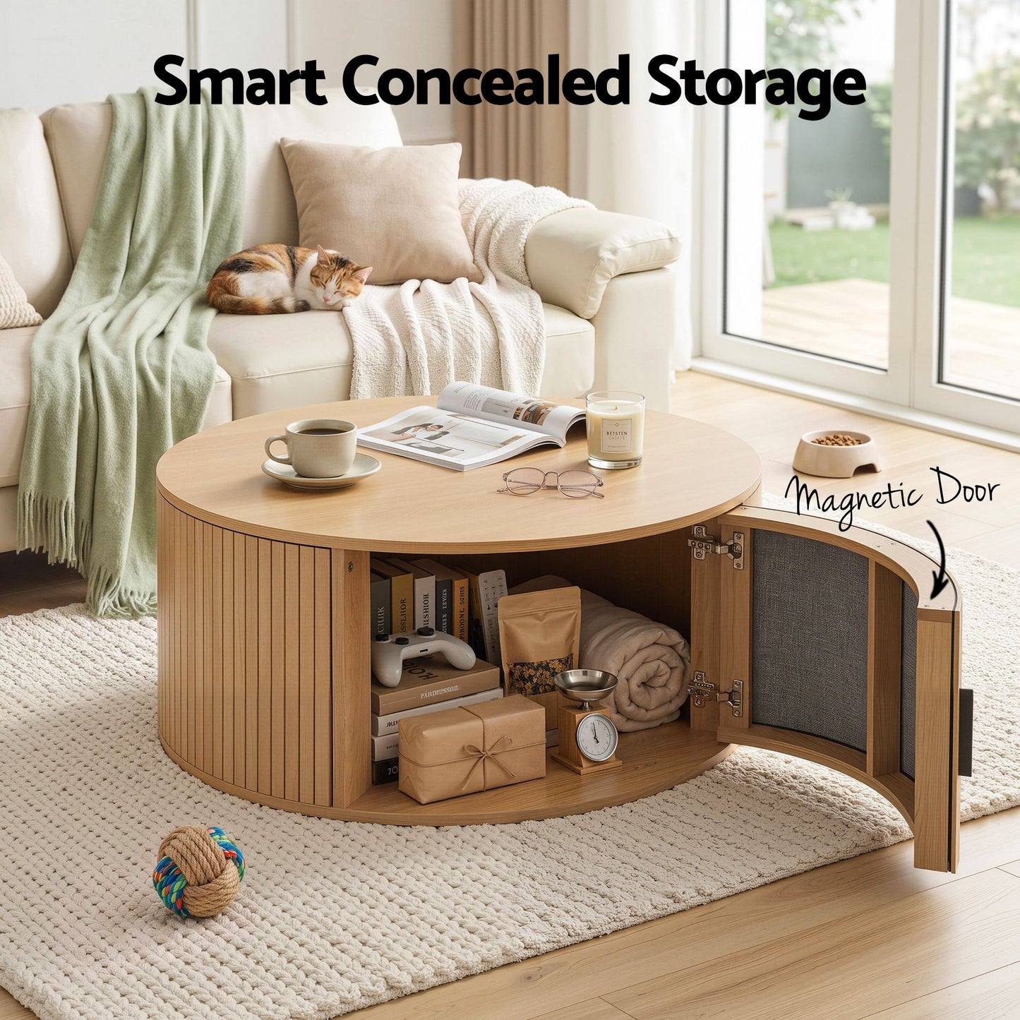 Artiss Round Coffee Table Storage Fluted Center Table Living Room Office 80cm Wood